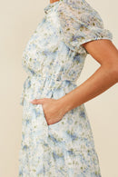 HB0303 Blue Mix Womens Ditsy Floral Ruffle Collared V Neck Dress Front