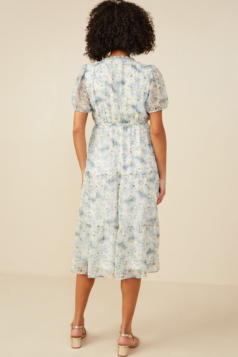 HB0303 Blue Mix Womens Ditsy Floral Ruffle Collared V Neck Dress Detail