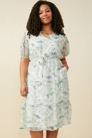 HB0303W Blue Mix Plus Ditsy Floral Ruffle Collared V Neck Dress Front