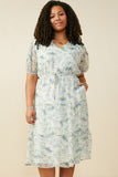 HB0303W Blue Mix Plus Ditsy Floral Ruffle Collared V Neck Dress Front