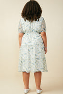 HB0303W Blue Mix Plus Ditsy Floral Ruffle Collared V Neck Dress Full Body