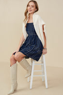 HB0307 Navy Geometric Print Shoulder Strap Dress Pose