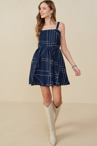 HB0307 Navy Geometric Print Shoulder Strap Dress Front