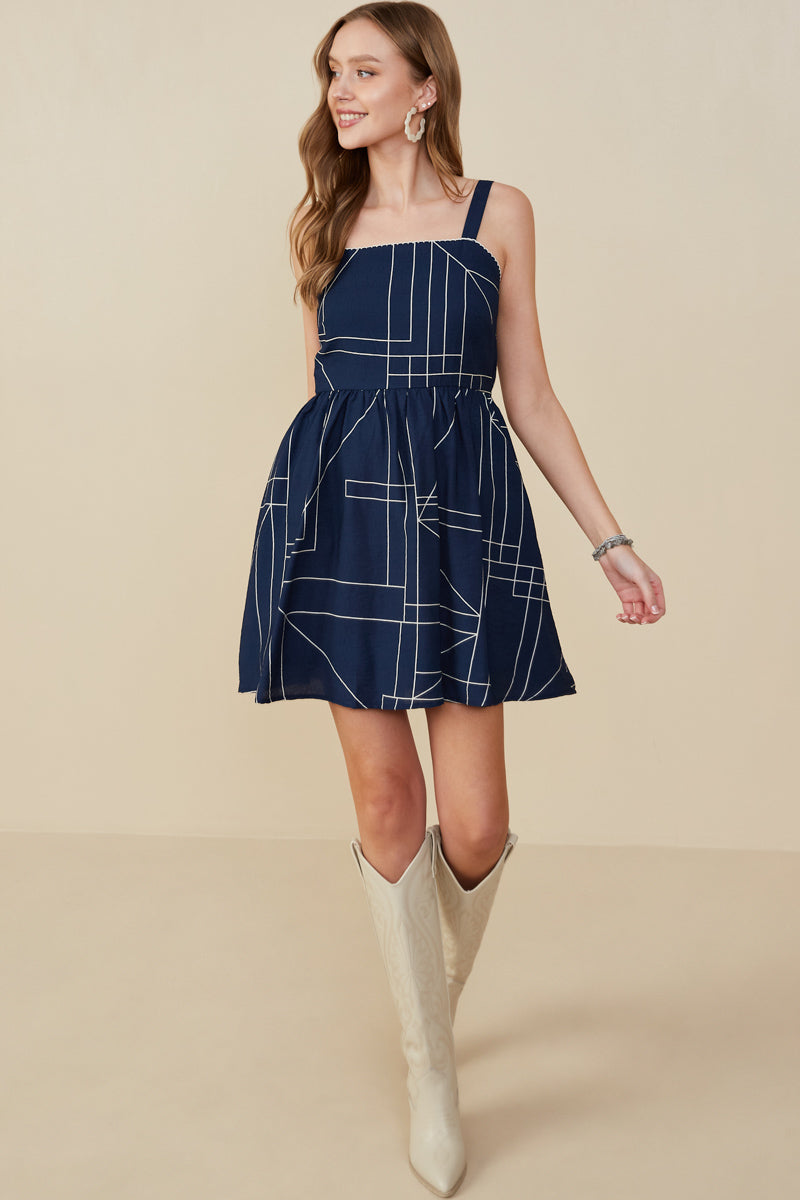 HB0307 Navy Geometric Print Shoulder Strap Dress Front