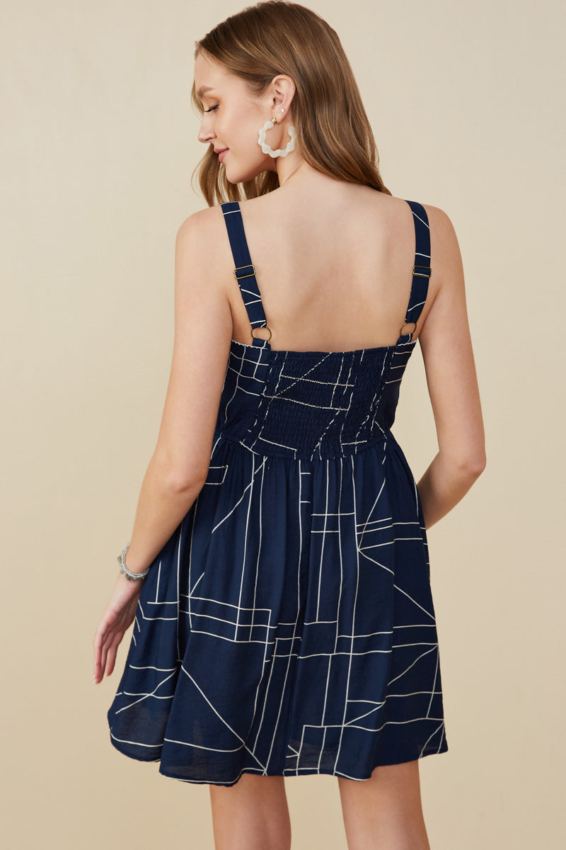 HB0307 Navy Geometric Print Shoulder Strap Dress Back