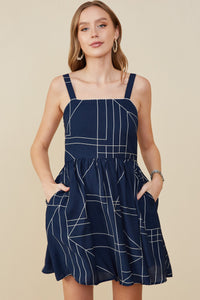 HB0307 Navy Geometric Print Shoulder Strap Dress Front 2