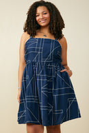 HB0307W Navy Geometric Print Shoulder Strap Dress Front