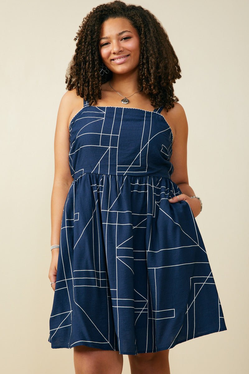 HB0307W Navy Geometric Print Shoulder Strap Dress Front