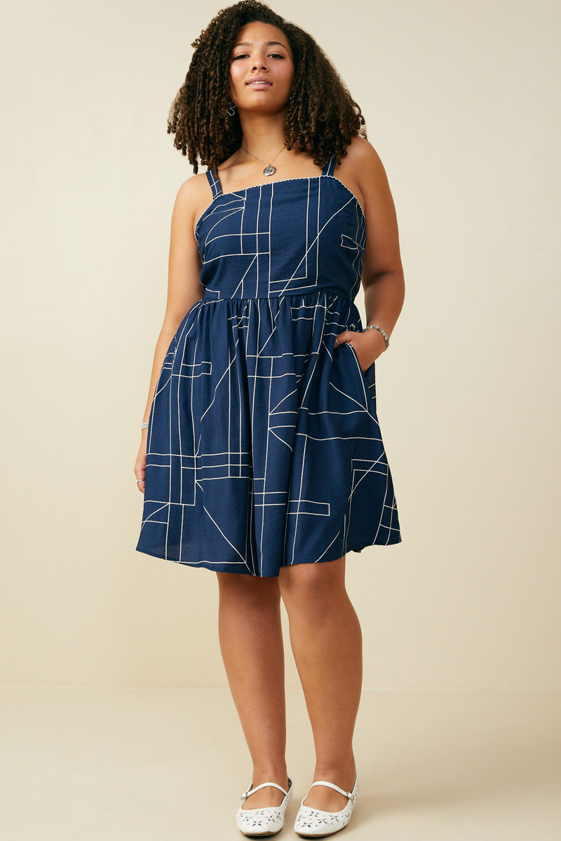 HB0307W Navy Geometric Print Shoulder Strap Dress Full body