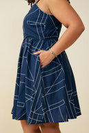 HB0307W Navy Geometric Print Shoulder Strap Dress Side