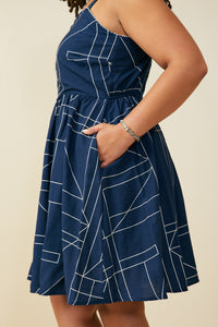 HB0307W Navy Geometric Print Shoulder Strap Dress Side