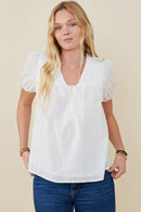 HB0314 Off White Womens Pleated V Neck Floral Eyelet Blouse Front