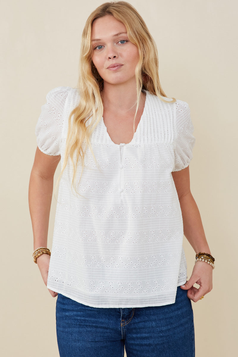 Pleated V Neck Floral Eyelet Blouse