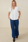 HB0314 Off White Womens Pleated V Neck Floral Eyelet Blouse Gif