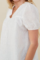 HB0314 Off White Womens Pleated V Neck Floral Eyelet Blouse Full Body