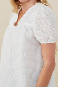 HB0314 Off White Womens Pleated V Neck Floral Eyelet Blouse Full Body