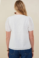 HB0314 Off White Womens Pleated V Neck Floral Eyelet Blouse Detail