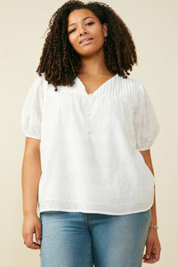 HB0314W Off White Plus Pleated V Neck Floral Eyelet Blouse Front