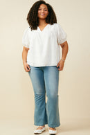 HB0314 Off White Womens Pleated V Neck Floral Eyelet Blouse Back