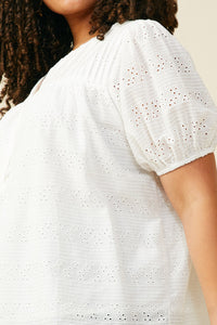 HB0314W Off White Plus Pleated V Neck Floral Eyelet Blouse Gif
