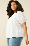 HB0314W Off White Plus Pleated V Neck Floral Eyelet Blouse Detail