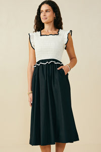 HB0343 Cream Womens Smocked Bodice Contrast Detail Dress Front