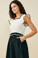 HB0343 Cream Womens Smocked Bodice Contrast Detail Dress Full Body