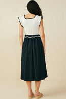 HB0343 Cream Womens Smocked Bodice Contrast Detail Dress Side