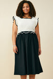 HB0343W Cream Plus Smocked Bodice Contrast Detail Dress Front