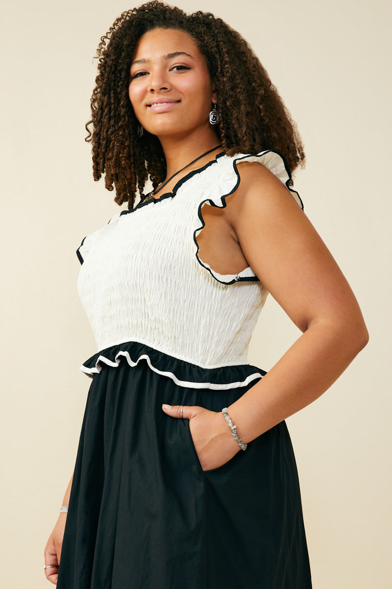 HB0343W Cream Plus Smocked Bodice Contrast Detail Dress Gif