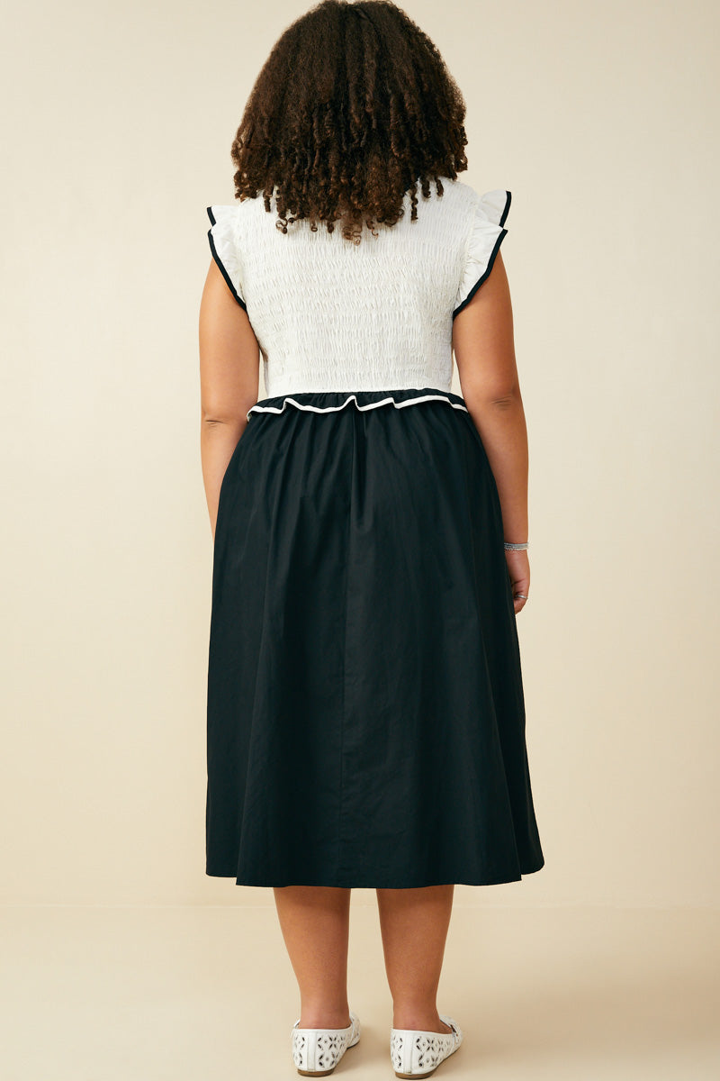 HB0343W Cream Plus Smocked Bodice Contrast Detail Dress Full Body