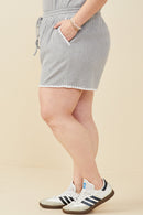 HB0363 Grey Womens Crochet Stitch Detail Ribbed Knit Boxer Shorts Full Body