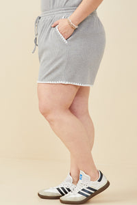 HB0363 Grey Womens Crochet Stitch Detail Ribbed Knit Boxer Shorts Full Body