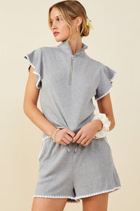 HB0364W Grey Plus Contrast Stitch Ruffle Sleeve Half Zip Ribbed Knit Top Front