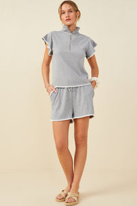 HB0364 Grey Womens Contrast Stitch Ruffle Sleeve Half Zip Ribbed Knit Top Gif