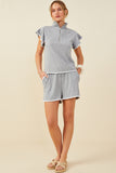 HB0364 Grey Womens Contrast Stitch Ruffle Sleeve Half Zip Ribbed Knit Top Gif