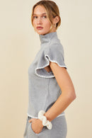 HB0364 Grey Womens Contrast Stitch Ruffle Sleeve Half Zip Ribbed Knit Top Full Body