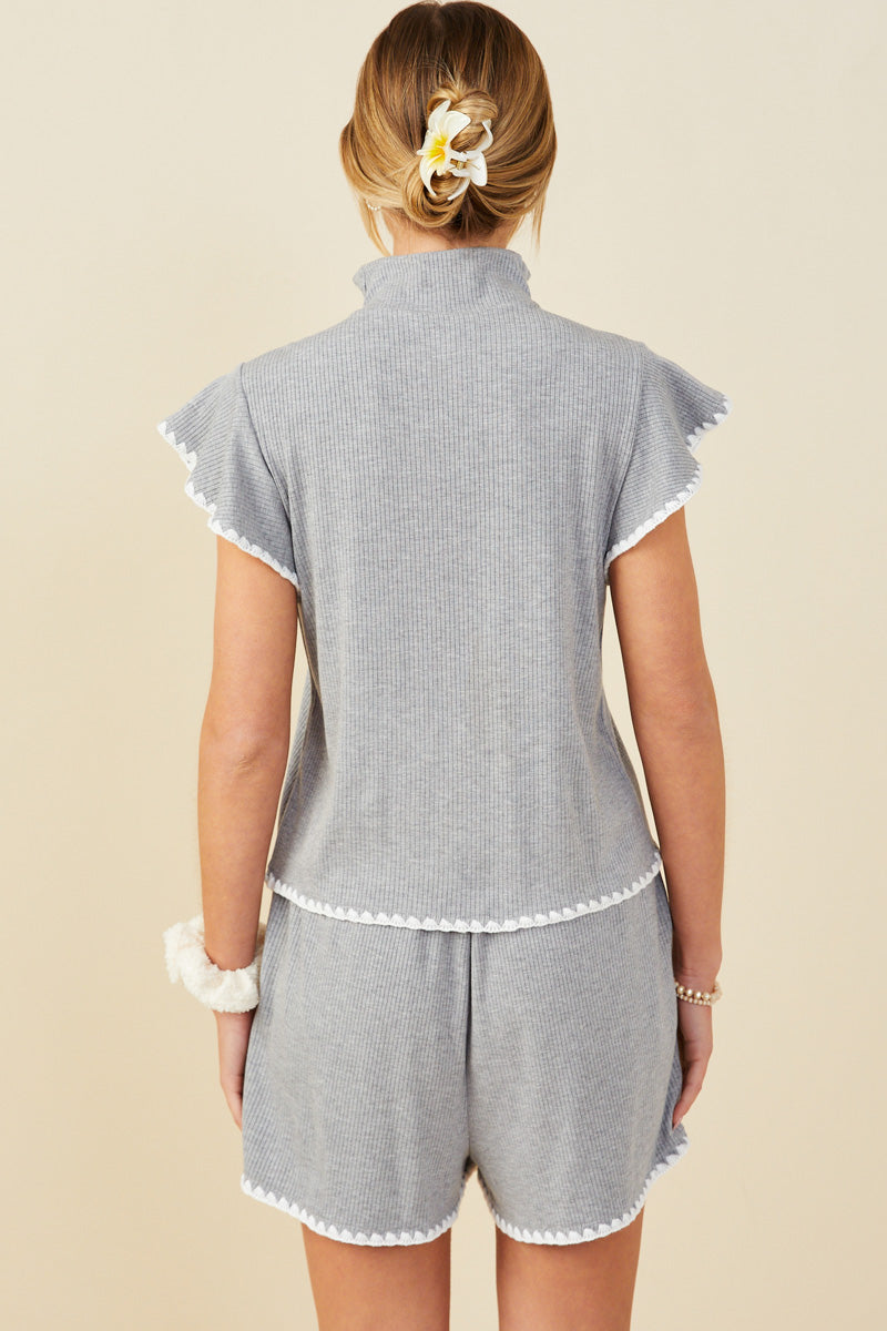 HB0364 Grey Womens Contrast Stitch Ruffle Sleeve Half Zip Ribbed Knit Top Side
