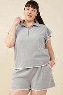HB0364 Grey Womens Contrast Stitch Ruffle Sleeve Half Zip Ribbed Knit Top Front