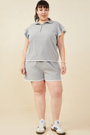 HB0364 Grey Womens Contrast Stitch Ruffle Sleeve Half Zip Ribbed Knit Top Back