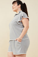 HB0364W Grey Plus Contrast Stitch Ruffle Sleeve Half Zip Ribbed Knit Top Gif