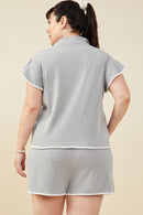 HB0364W Grey Plus Contrast Stitch Ruffle Sleeve Half Zip Ribbed Knit Top Full Body
