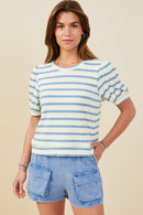HB0365 Blue Mix Womens Striped Puff Sleeve Ribbed Knit Top Front