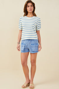 HB0365 Blue Mix Womens Striped Puff Sleeve Ribbed Knit Top Gif