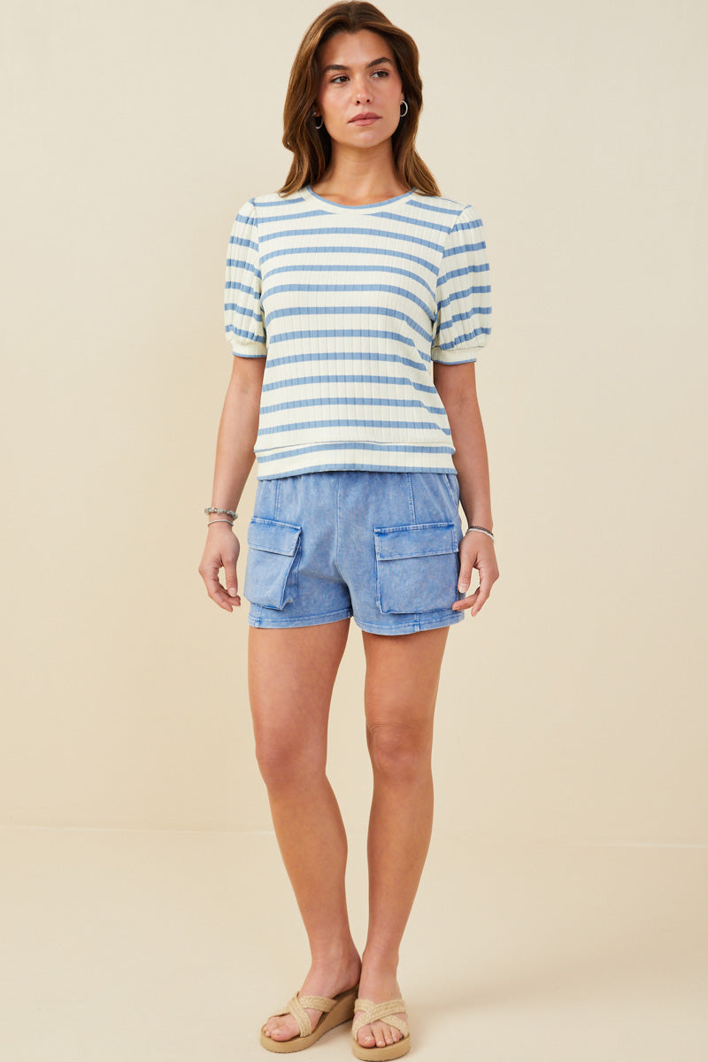 HB0365 Blue Mix Womens Striped Puff Sleeve Ribbed Knit Top Gif