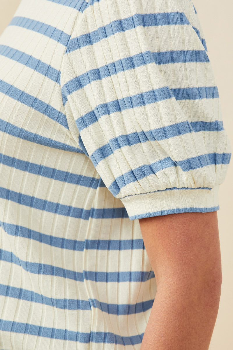 HB0365 Blue Mix Womens Striped Puff Sleeve Ribbed Knit Top Full Body