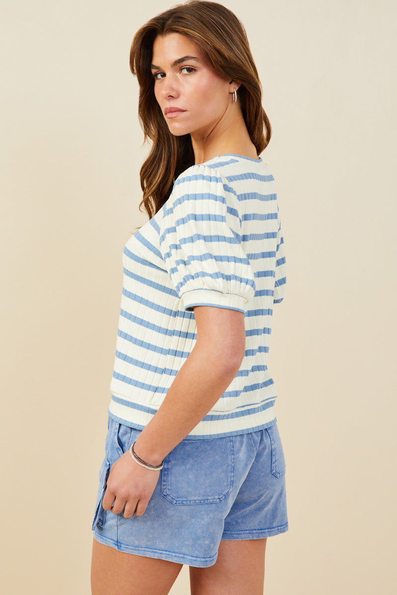 HB0365 Blue Mix Womens Striped Puff Sleeve Ribbed Knit Top Detail
