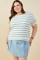 HB0365W Blue Mix Plus Striped Puff Sleeve Ribbed Knit Top Front