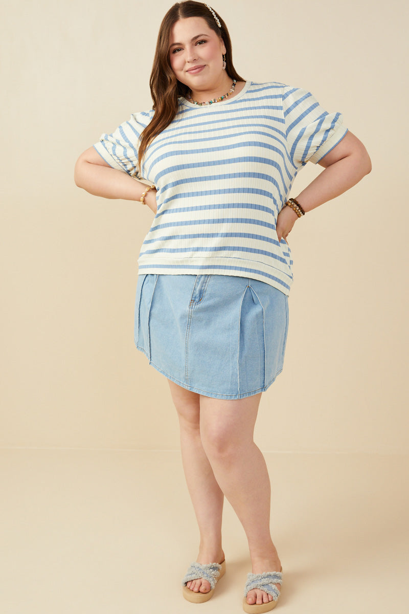 HB0365 Blue Mix Womens Striped Puff Sleeve Ribbed Knit Top Back