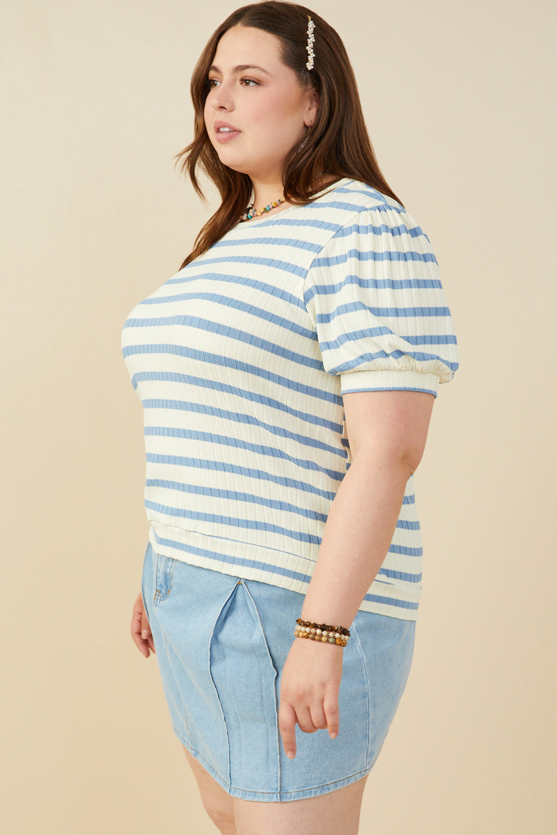 HB0365W Blue Mix Plus Striped Puff Sleeve Ribbed Knit Top Gif
